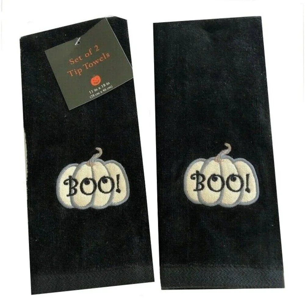 Halloween Fingertip Towels Boo Pumpkin Black Guest Applique Embroidered Set of 2